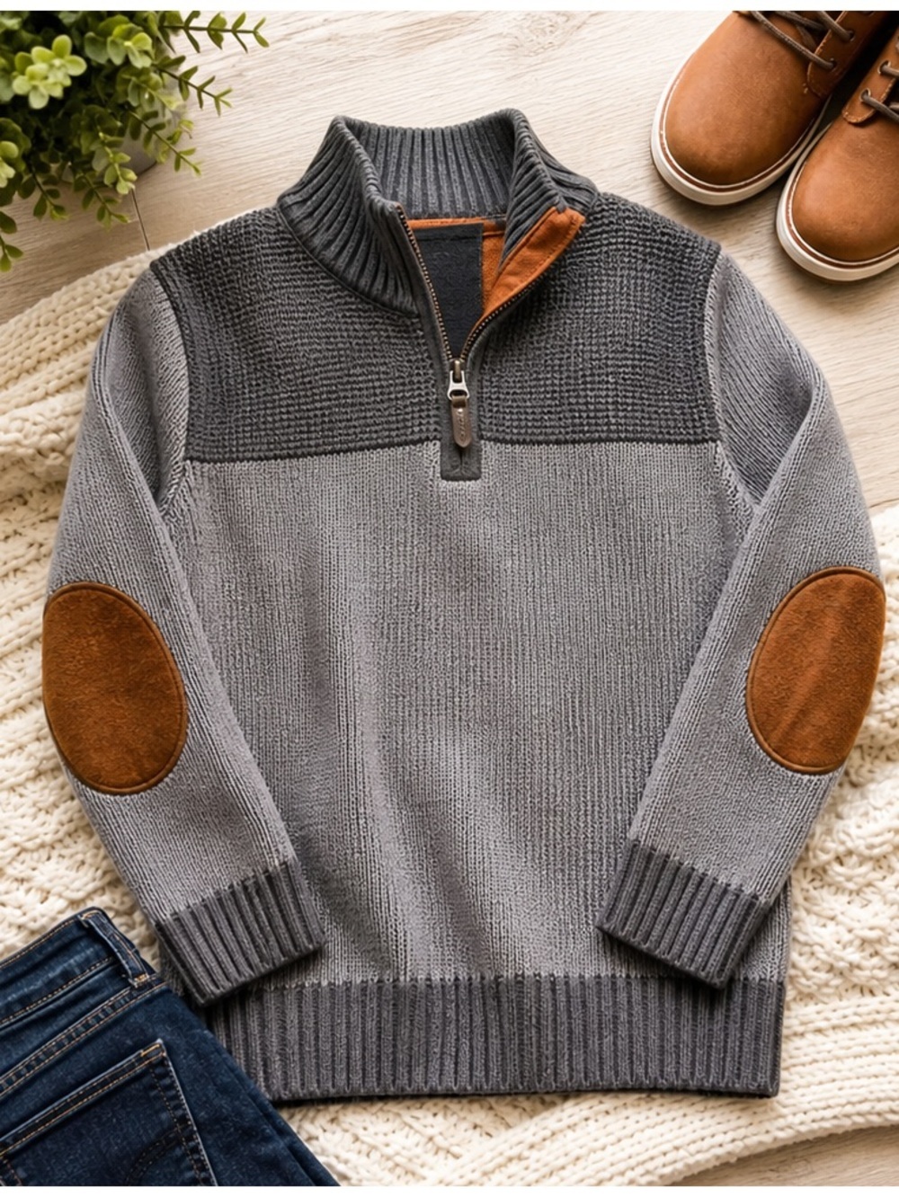 Boys Gioberti Gray Quarter Zip Sweater sz 12 Elbow Patch EUC
